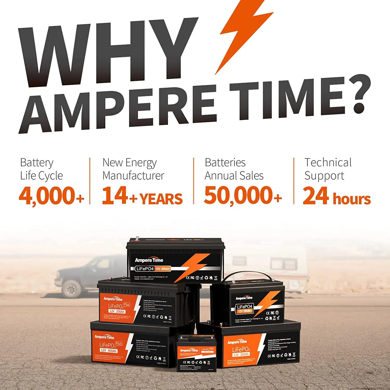 Ampere Time 12V 300Ah, 3840Wh LiFePO4 Battery & Built in 200A BMS Ampere Time