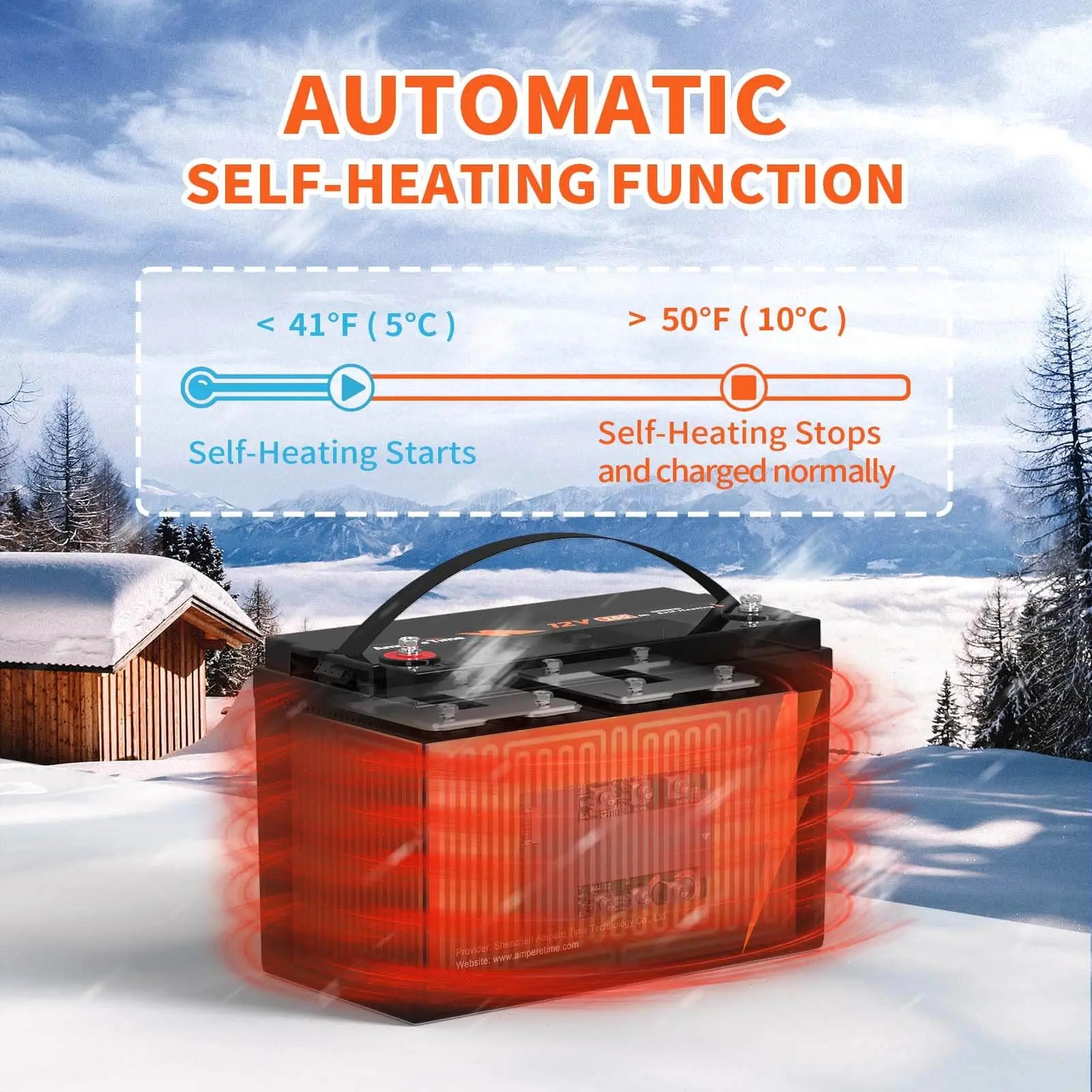 Ampere Time 12V 100Ah Lithium Battery with Self-Heating Low Temperature Charging (-20°C) Ampere Time
