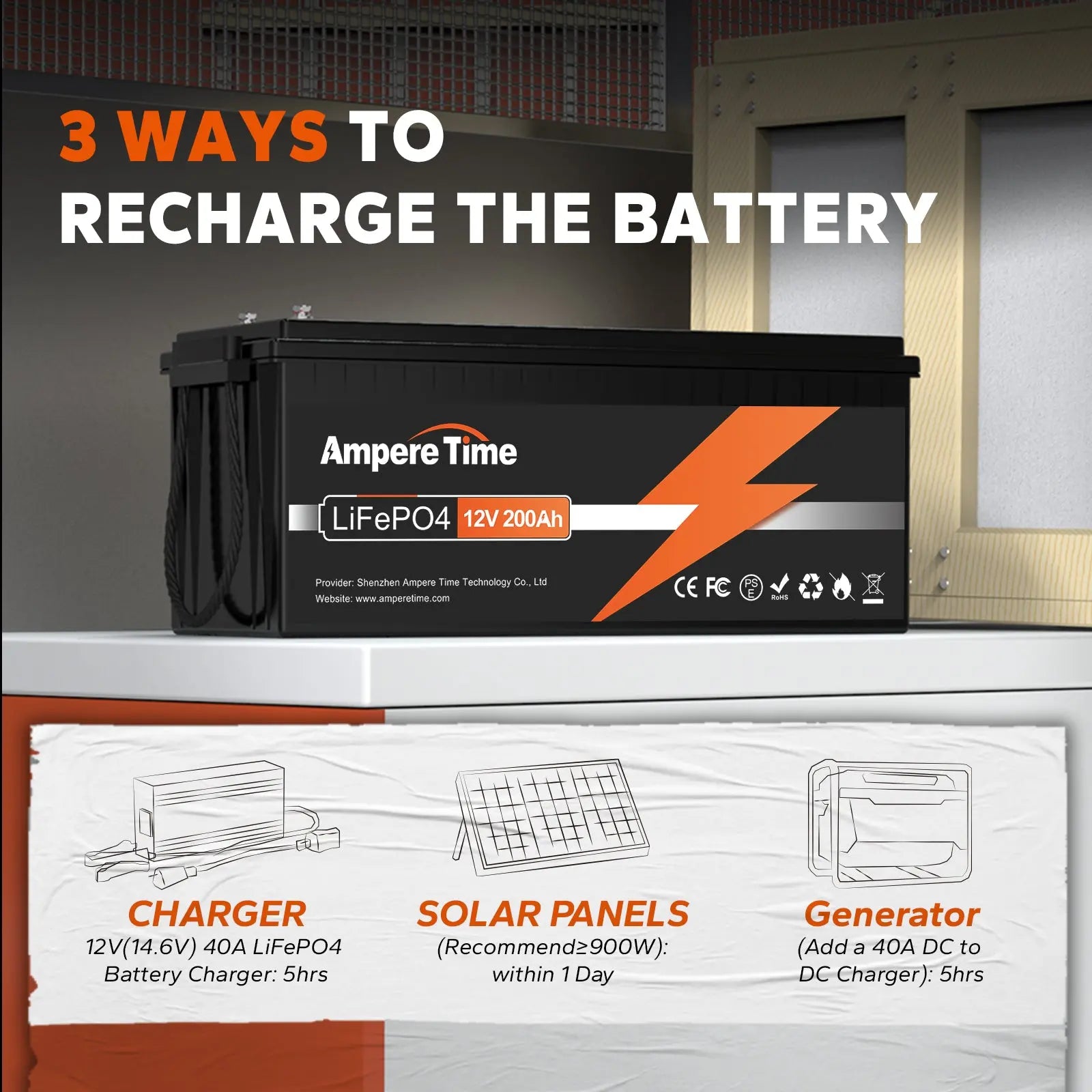 Ampere Time 12V 200Ah (100A BMS), 2560Wh LiFePO4 Solar Batteries with 4000+ Discharge Cycles Ampere Time