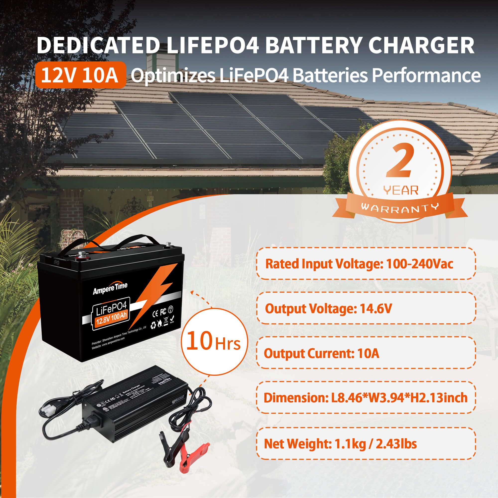 Ampere Time 14.6V 10A, Intelligent AC-DC Battery Charger Ampere Time