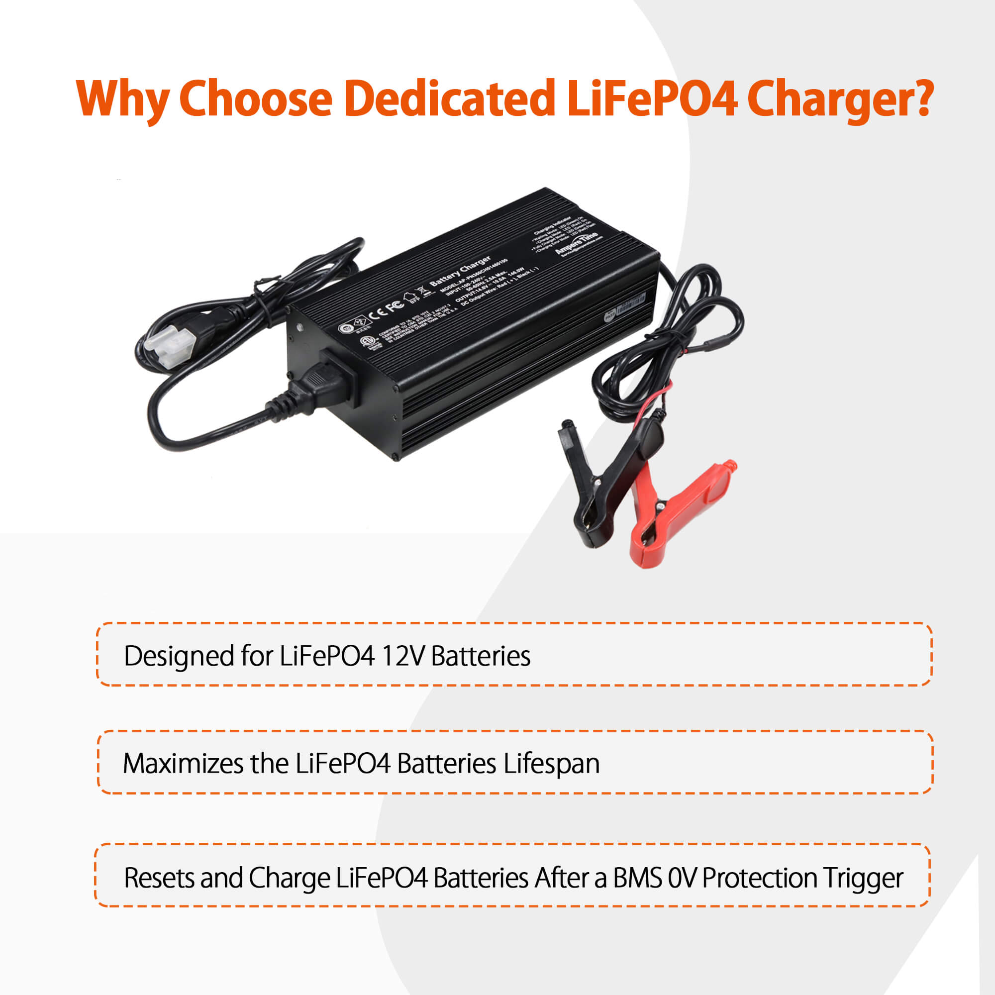 Ampere Time 14.6V 10A Dedicated LiFePO4 Battery Charger with Trickle Charging Battery Maintainer, 90% Charging Efficiency